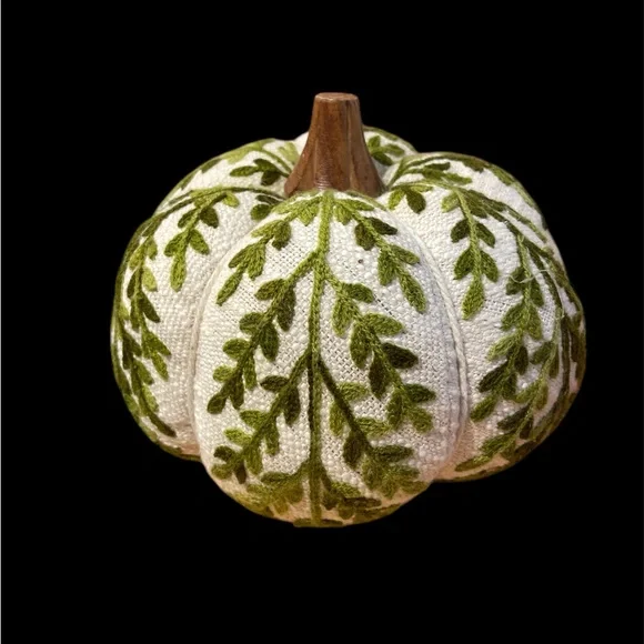 Embroidered Small Green and White Fabric Pumpkin - Picture 4 of 10
